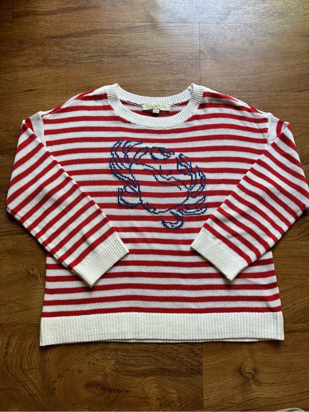 LOFT Red & White Striped Crewneck Sweater with Blue Crab